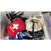 Image 2 : FOLDING TABLE & TOTE WITH ASSORTED CONTENTS INCLUDING; FIRST AID KIT, TRIPOD, METAL DETECTOR PARTS