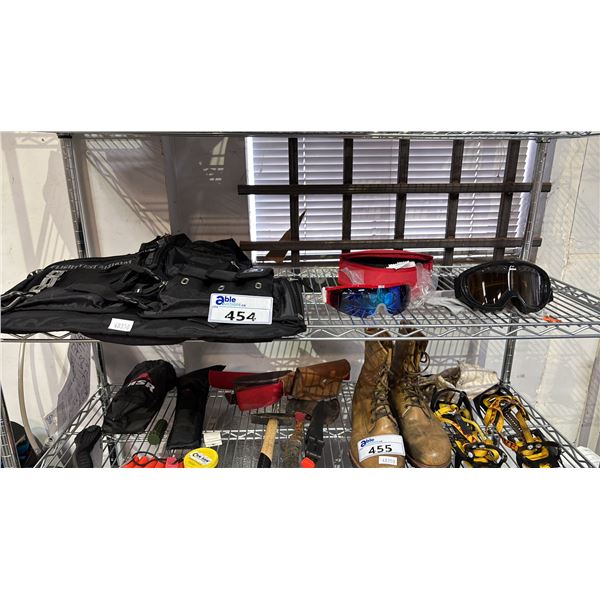 SHELF OF ASSORTED ITEMS INCLUDING; OGIO FLIGHT VEST, BLIZ SKI GLASSES & SPY SKI GOGGLES