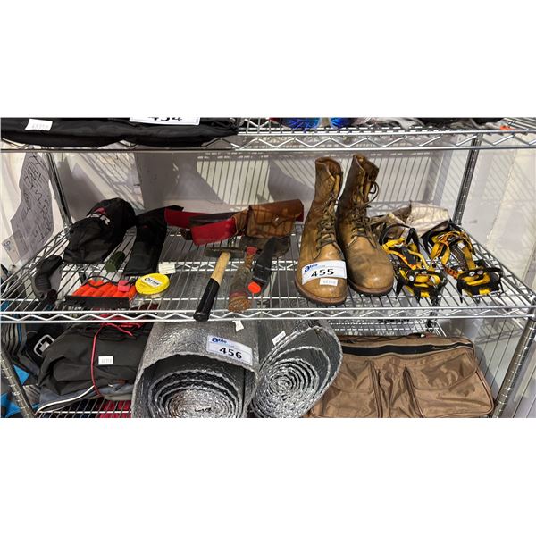SHELF OF ASSORTED ITEMS INCLUDING; FLARES, ICE CLIMBER BOOT SPIKES, HAND TOOLS & MORE