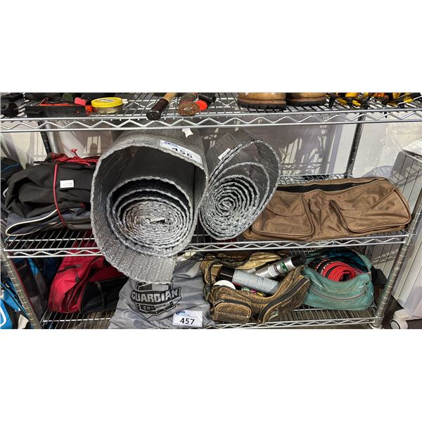 SHELF OF ASSORTED ITEMS INCLUDING; THERMAL INSULATION MATERIAL, AMERICAN TOURISTER BAG & MORE