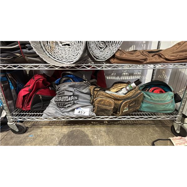 SHELF OF ASSORTED ITEMS INCLUDING; SHOE CARE PRODUCTS, AUTOMOTIVE WASHING SPONGES, SURVIVAL GEAR &