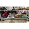 Image 1 : SHELF OF ASSORTED ITEMS INCLUDING; SHOE CARE PRODUCTS, AUTOMOTIVE WASHING SPONGES, SURVIVAL GEAR &