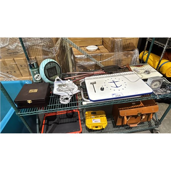 SHELF OF ASSORTED ITEMS INCLUDING; STANLEY THERMOS, DESK HEATER, FOLDING TABLE & MORE