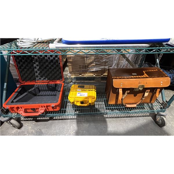 SHELF OF ASSORTED ITEMS INCLUDING; 2 ASSORTED PELICAN CASES & VINTAGE LEATHER BRIEFCASE
