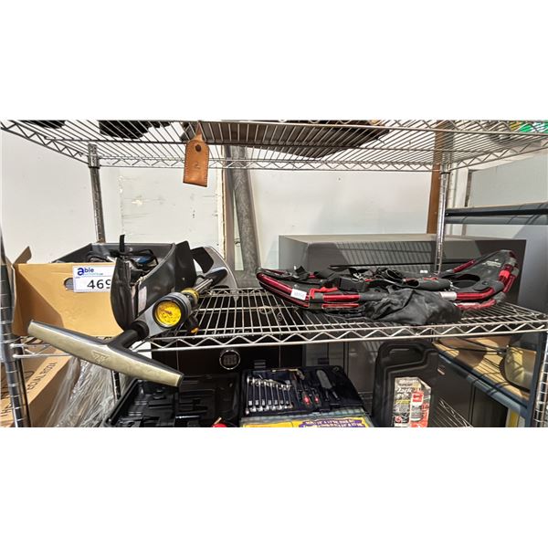 SHELF OF ASSORTED ITEMS INCLUDING; PAIR OF POWDER WINGS SNOW SHOES, BIKE PUMP & BOX OF ASSORTED BIKE