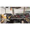 Image 1 : SHELF OF ASSORTED ITEMS INCLUDING; PAIR OF POWDER WINGS SNOW SHOES, BIKE PUMP & BOX OF ASSORTED BIKE