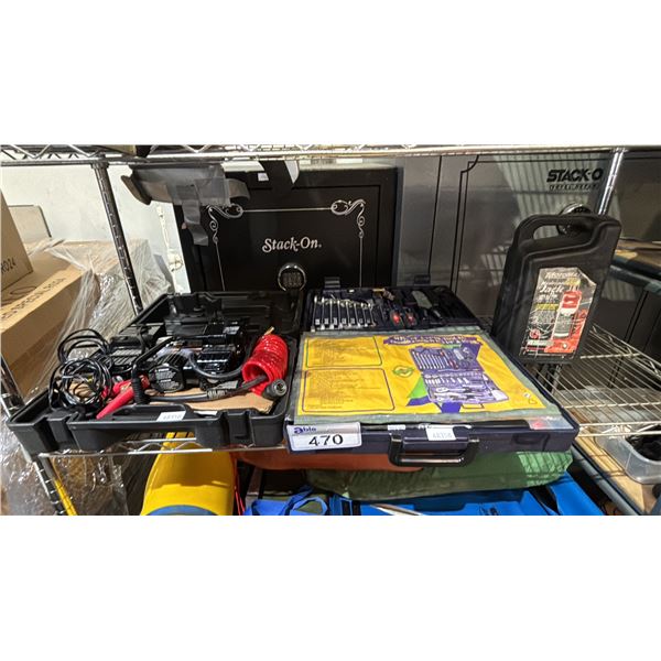 SHELF OF ASSORTED ITEMS INCLUDING; MOTOMASTER PORTABLE AIR COMPRESSOR, 99-PC 1/4" & 1/2" DRIVE TOOL