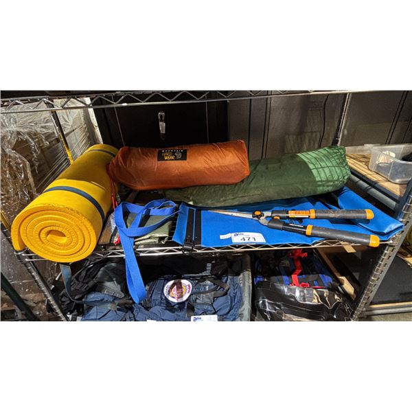 SHELF OF ASSORTED ITEMS INCLUDING; WATERPROOF BAG, TENTS, FOAM MAT & MORE