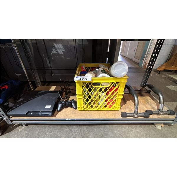 SHELF OF ASSORTED ITEMS INCLUDING; SONY PLAYSTATION 3 WITH CONTROLLER & POWER CORD, PUSHUP BARS,