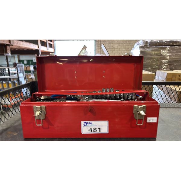 METAL TOOLBOX WITH ASSORTED CONTENTS INCLUDING; SOCKET BITS, WRENCHES, CLAMPS & MORE