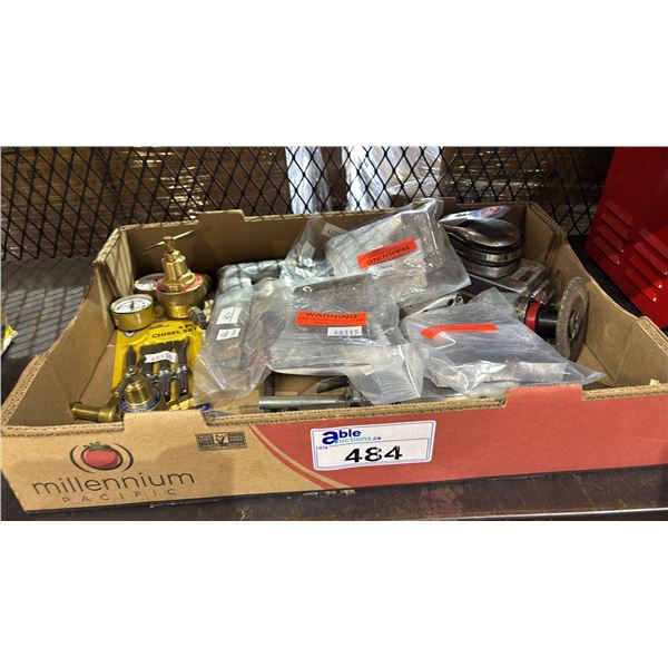 BOX OF ASSORTED ITEMS INCLUDING; AIR TOOLS, AIR GAUGES, 4-PC CHISEL SET & MORE