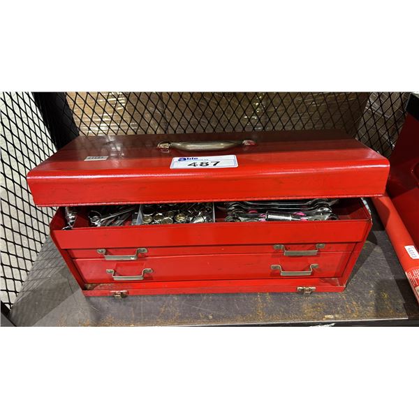 SEARS CRAFTSMAN METAL TOOLBOX WITH  ASSORTED CONTENTS INCLUDING; WRENCHES, SOCKET BITS, PLIERS &