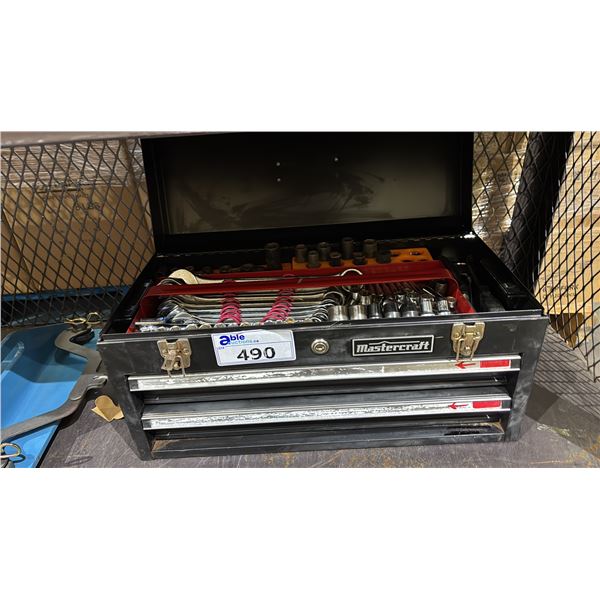 MASTERCRAFT METAL TOOLBOX WITH ASSORTED CONTENTS INCLUDING; WRENCHES, SOCKET BITS & MORE (NO KEYS,