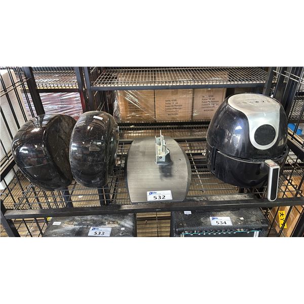 SHELF OF ASSORTED ITEMS INCLUDING; HARD PLASTIC MOTORCYCLE SADDLE BAGS, TV STAND & INSIGNIA AIR