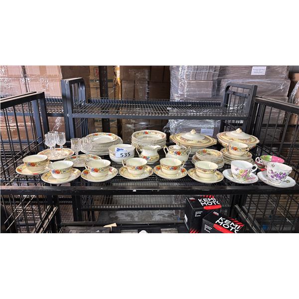 SHELF OF CORONAWARE DINNER SET, ASSORTED BONE CHINA & SMALL CRYSTAL GLASSES