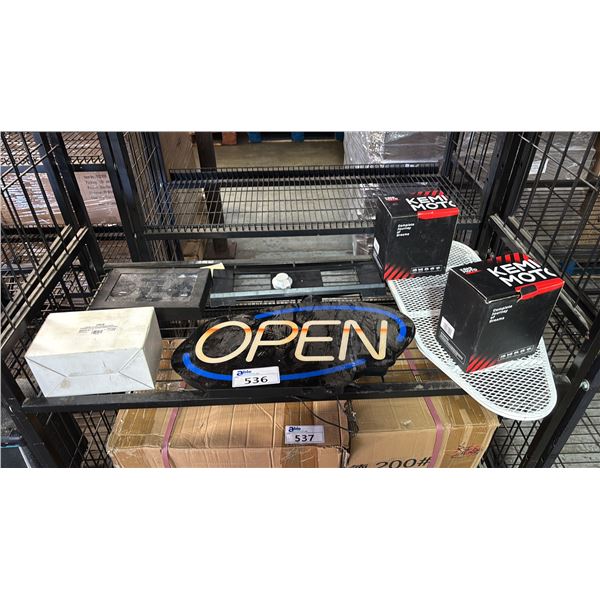 SHELF OF ASSORTED ITEMS INCLUDING; ELECTRONIC OPEN SIGN, READY TO LIGHT CHARCOAL BRICKS, KEMI MOTO
