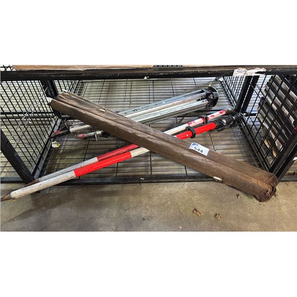SHELF OF ASSORTED SURVEYING EQUIPMENT INCLUDING; TRIPOD, TELESCOPING STAKES, TELESCOPING MEASURE