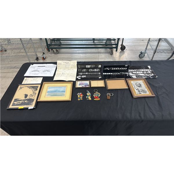ASSORTED VINTAGE FRAMED PHOTOS, DISNEY KEYCHAINS & MORE