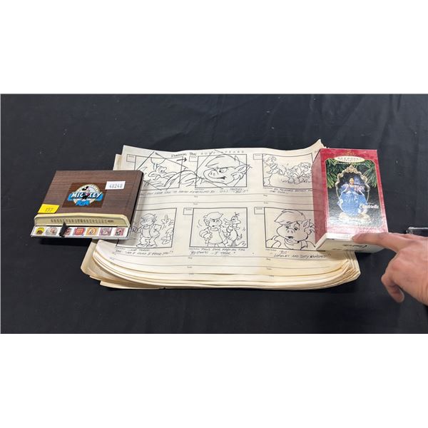 VINTAGE DISNEY METAL ADDRESS BOOK, CINDERELLA ORNAMENT & ASSORTED NORM DREW ANIMATION STORYBOARDS