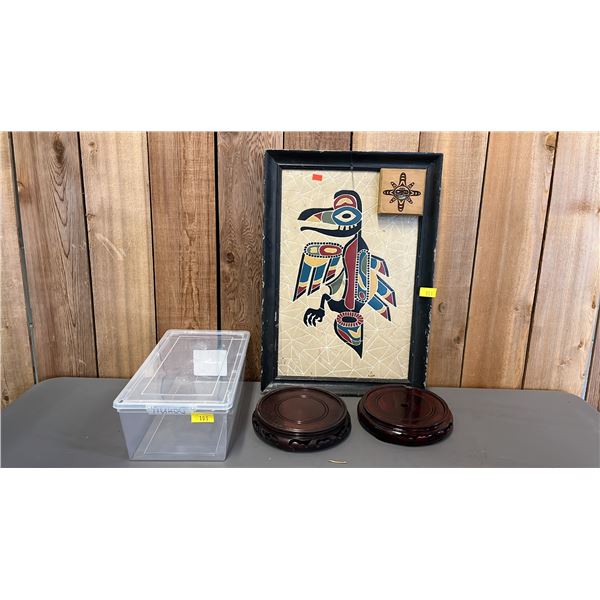 FRAMED FIRST NATIONS ART, SMALL PLASTIC TOTE WITH LID & (2) WOOD VASE STANDS