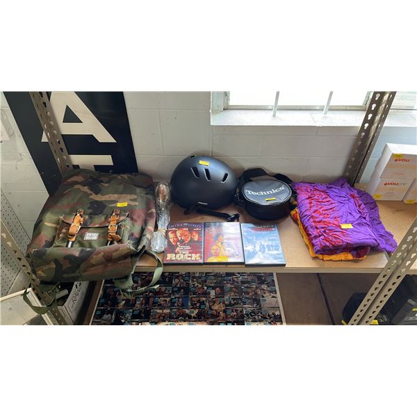 HERSCHEL CAMO BACKPACK, RALEIGH BIKE HELMET, (3) DVD MOVIES, (2) RAYON SCARVES & TECHNICS BAG