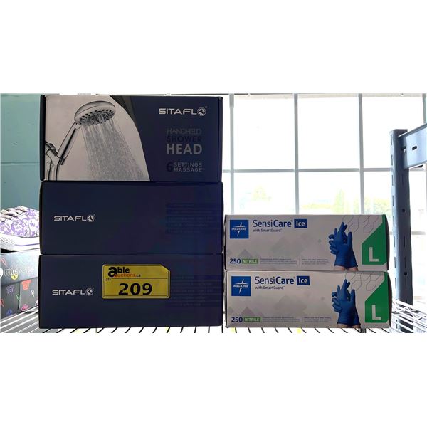 (3) *NEW* SITAFLO HAND HELD SHOWER HEADS & (2) *NEW* BOXES OF SENSI CARE POWDER FREE NITRILE GLOVES