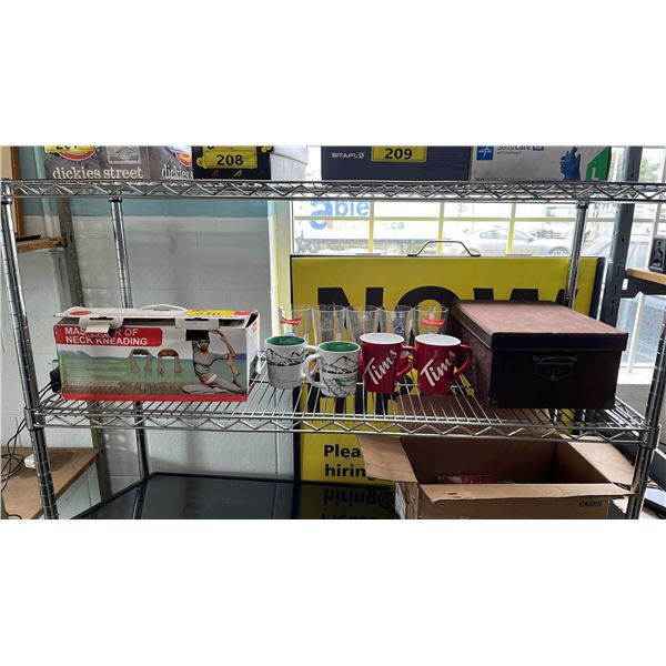 SHELF OF TIM HORTON'S MUGS, BUDWEISER GLASSES, NECK MASSAGER & EMPTY STORAGE BOX