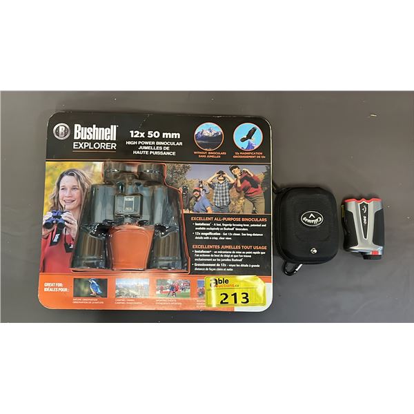 BUSHNELL EXPLORER 12X50MM HIGH POWERED BINOCULARS & CALLAWAY 350TL RANGEFINDER IN CASE