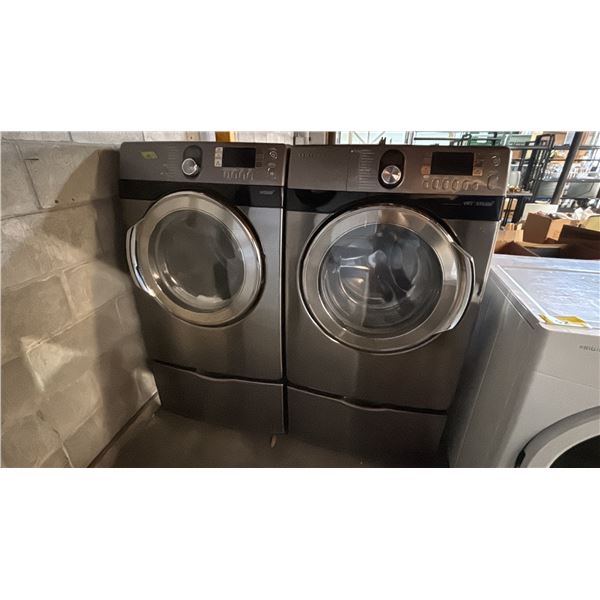 SAMSUNG STEAM FRONT LOAD WASHER & DRYER SET ON PEDESTAL BASES