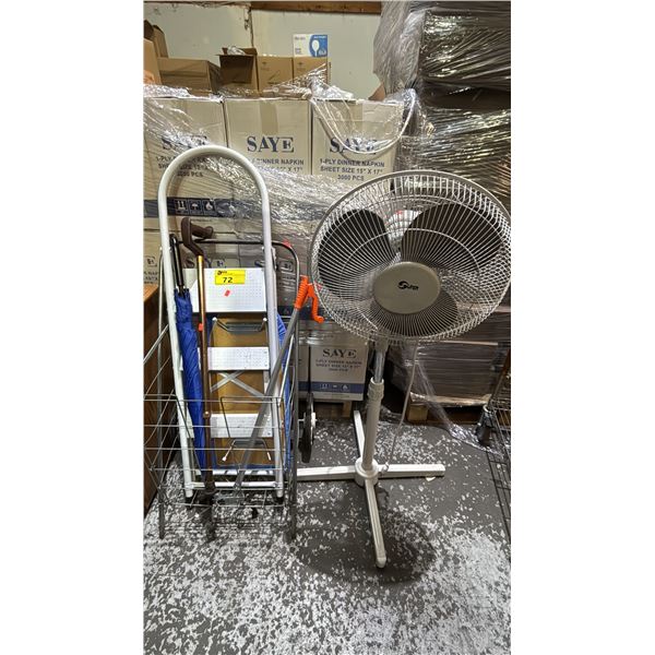 ASSORTED ITEMS INCLUDING; STEP LADDER, UMBRELLA, CANE, OSCILLATING FLOOR FAN, PORTABLE WIRE MESH