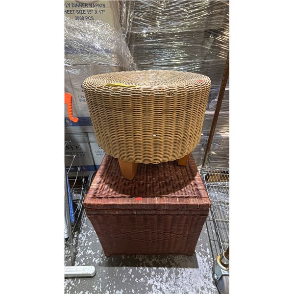 ROUND WICKER END TABLE 19" X 15" & WICKER CHEST 19" X 19" X 19"