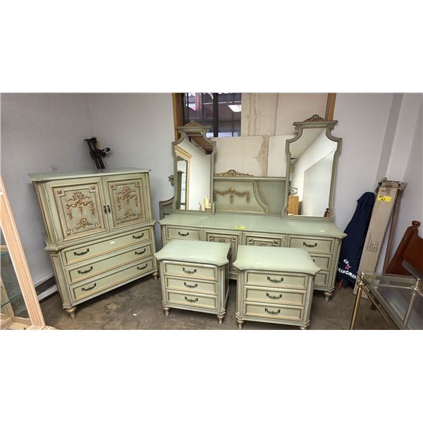 7-PC BEDROOM SUITE INCLUDING; KING SIZE BED, 6-DRAWER 2-DOOR DRESSER, 3-DRAWER 2-DOOR HIGHBOY