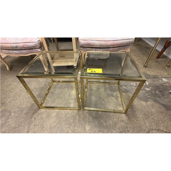 PAIR OF BRASS & IN-LAID BEVELED GLASS TOP END TABLES 16" X 16" X 16"