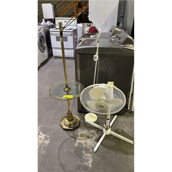 BRASS FLOOR LAMP WITH ROUND SHELF, MODERN GOOSE NECK FLOOR LAMP & DAMAGED HAMPTON BAY OSCILLATING