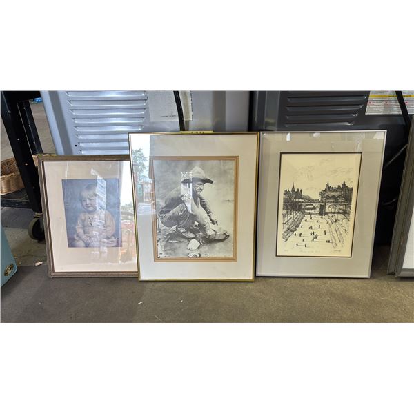 FRAMED C.M. MCASKILL "SKATING ON THE CANAL" PRINT & (2) FRAMED PHOTO PRINTS