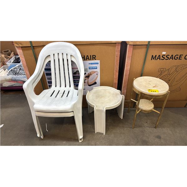 (2) PLASTIC STACKING CHAIRS, PLASTIC STOOL & METAL SIDE TABLE