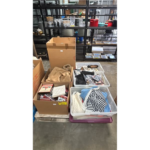 PALLET OF HOUSEHOLD ITEMS: CLOTHING, PURSES, FOOTWEAR & MORE *MUST TAKE ALL ON PALLET*