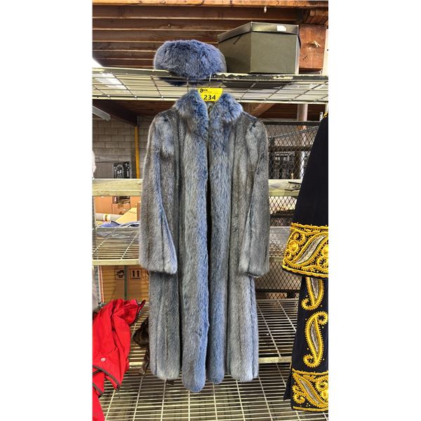 VINTAGE FULL-LENGTH SCUBY FURS, VICTORIA BC CHRISTIAN DIOR BLUE FUR COAT WITH HAT: SIZE UNKNOWN