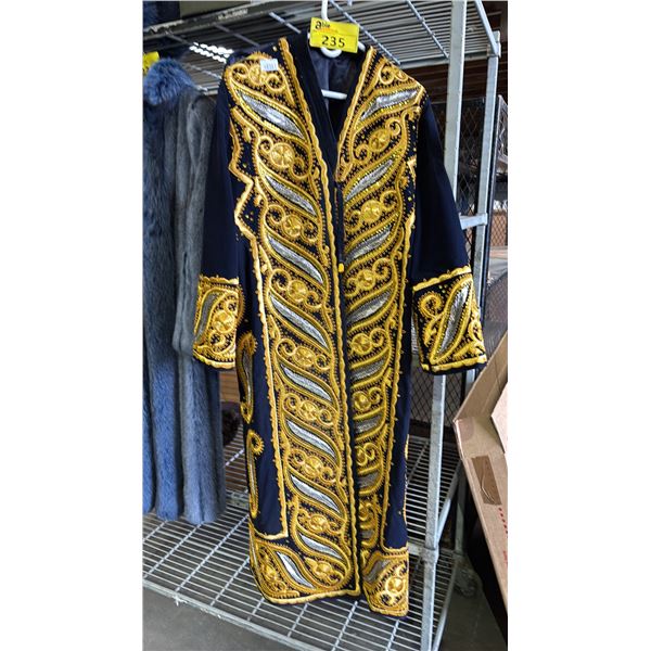 GOLD & SILVER EMBROIDERED BLUE VELVET KAFTAN: SIZE UNKNOWN