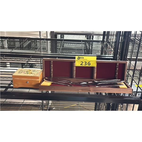 VINTAGE WOOD MUSIC BOX (PLAYS LA TRAVIATA) & GERBER MIMING STEAK KNIFE SET