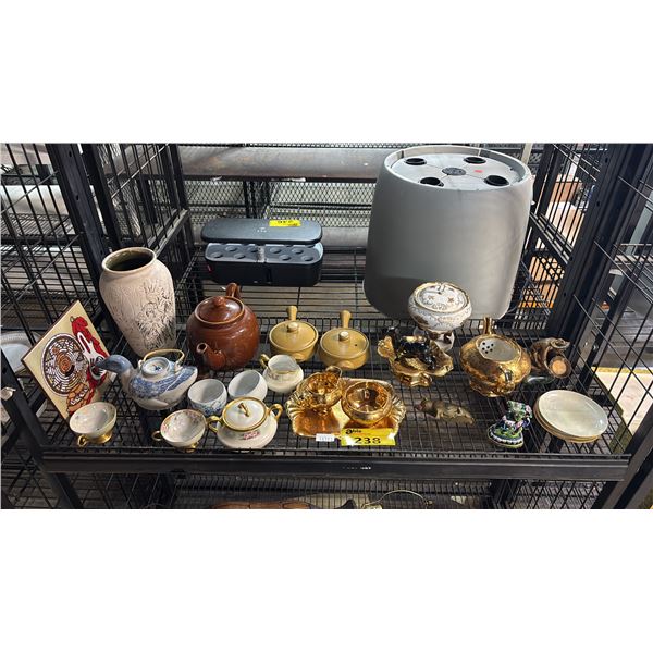 SHELF OF ASSORTED CHINA DISHES, VASES & METAL DECOR: ROYAL WINTON GRIMWADES, DENBY BEAN POTS & MORE
