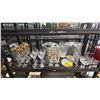 Image 1 : SHELF OF ASSORTED GLASSWARE: CHAMPAGNE GLASSES, WINE GLASSES, DESERT PLATES, VASE & MORE