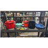 Image 1 : SHELF OF ASSORTED COOKWARE: STOCK POTS, CERAMIC CASSEROL, CAST IRON SIZZLE PAN (NO HANDLE) & MORE