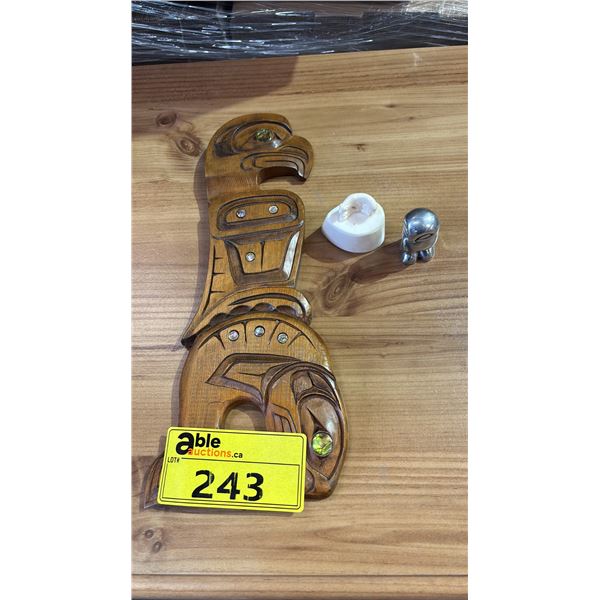 CARVED WOOD FIRST NATIONS BOB HUXLEY "EAGLE WHALE" WALL ART, SMALL METAL OWEL, & SMALL CARVED POLAR