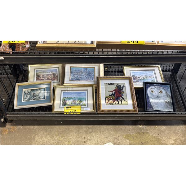 SHELF OF ASSORTED FRAMED ORIGINAL PAINTINGS & PRINTS