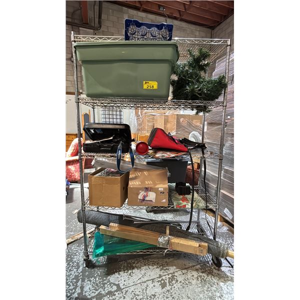 RACK OF ASSORTED ITEMS: TOTE, CHRISTMAS TREE, VINTAGE VIDEO RECORDER, VINTAGE MAGAZINES & MORE