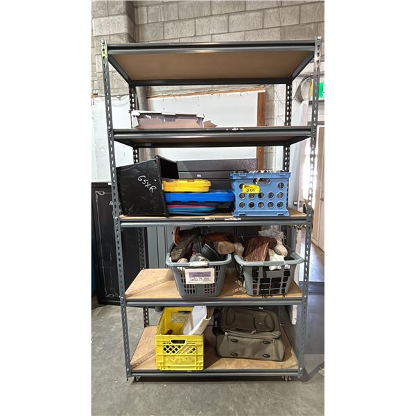 RACK OF ASSORTED ITEMS: ROBOT VACUUM, CASSETTE TAPES, ASSORTED FOOTWEAR, LUGGAGE & MORE