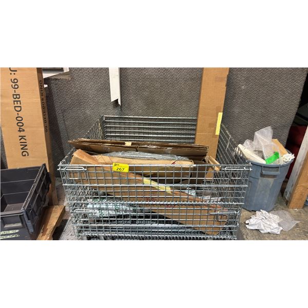 LARGE ROLLING WIRE CRATE OF ASSORTED GLASS TABLE TOPS, CEILING MONITOR MOUNT BRACKETS & MORE *MUST
