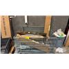 Image 1 : LARGE ROLLING WIRE CRATE OF ASSORTED GLASS TABLE TOPS, CEILING MONITOR MOUNT BRACKETS & MORE *MUST