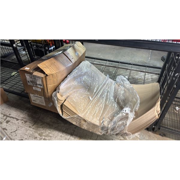 BOX OF BAGUETTE BAGS, BOX OF CARDBOARD TAKE OUT CONTAINERS & STACK OF CARDBOARD BAKERY BOXES